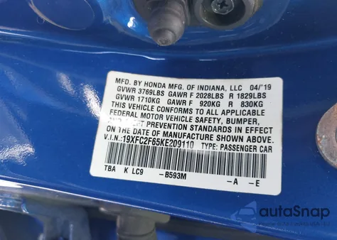 2019 Honda Civic Lx from USA, damaged, VIN 19XFC2F65KE209110